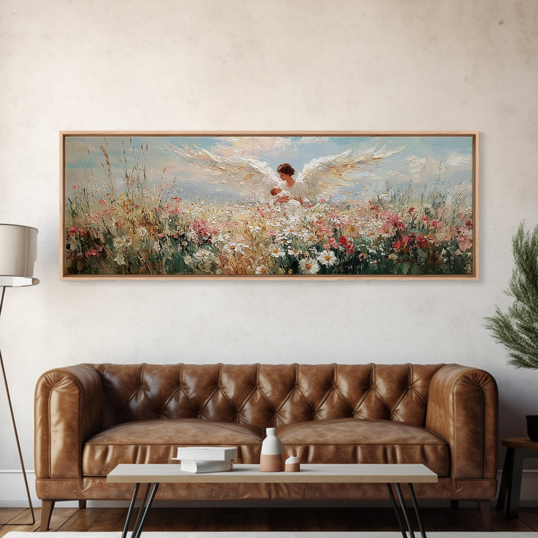 Angel Mother Holding Baby In Floral Meadow Framed Canvas Print, Christian Wall Art, Spiritual Nursery Decor, Gift For Her