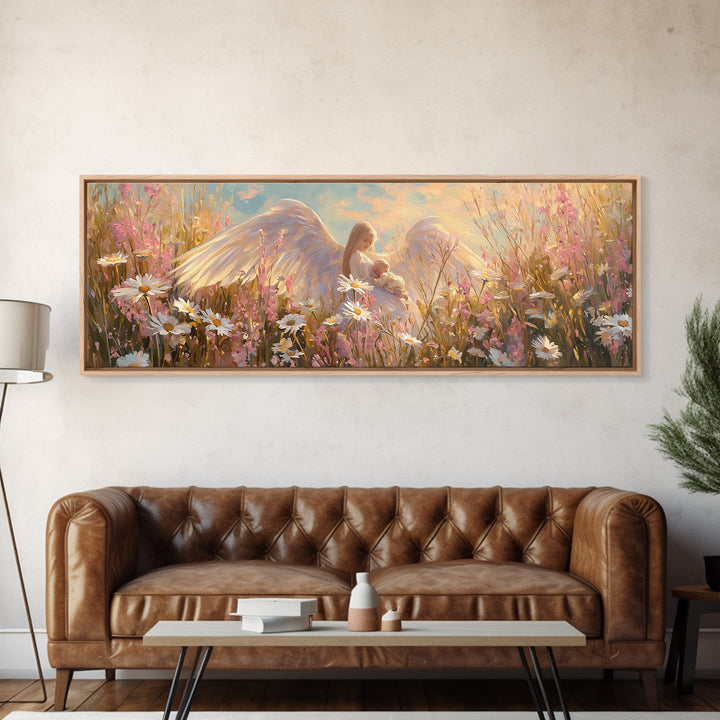 Guardian Angel Cradling Baby In Daisy Field Canvas Print, Christian Nursery Wall Art, Feminine Spiritual Home Decor, Gift For Her