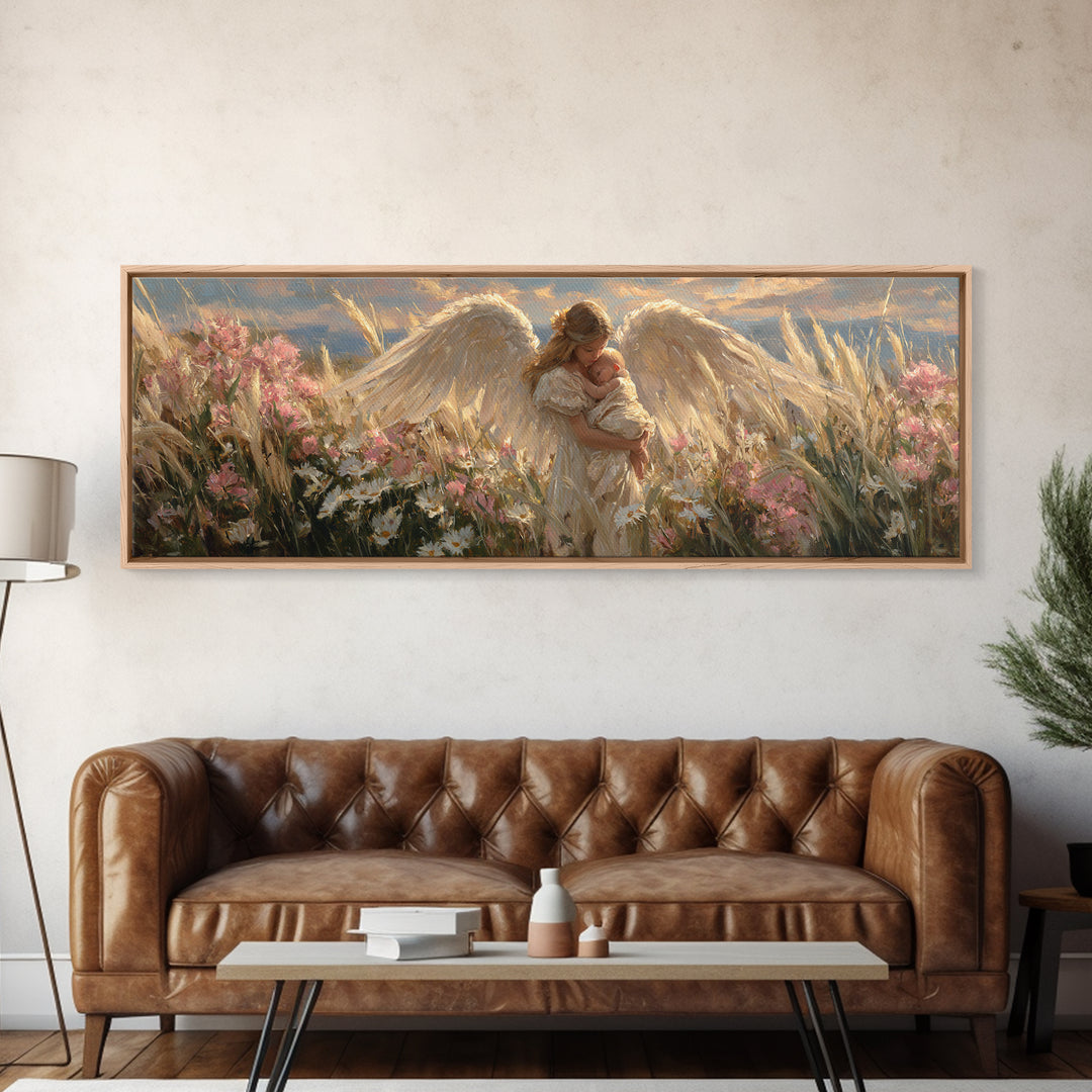 Winged Angel Mother With Newborn At Sunset Wall Art, Christian Home Decor, Romantic Bedroom Art, Housewarming Gift For Mom