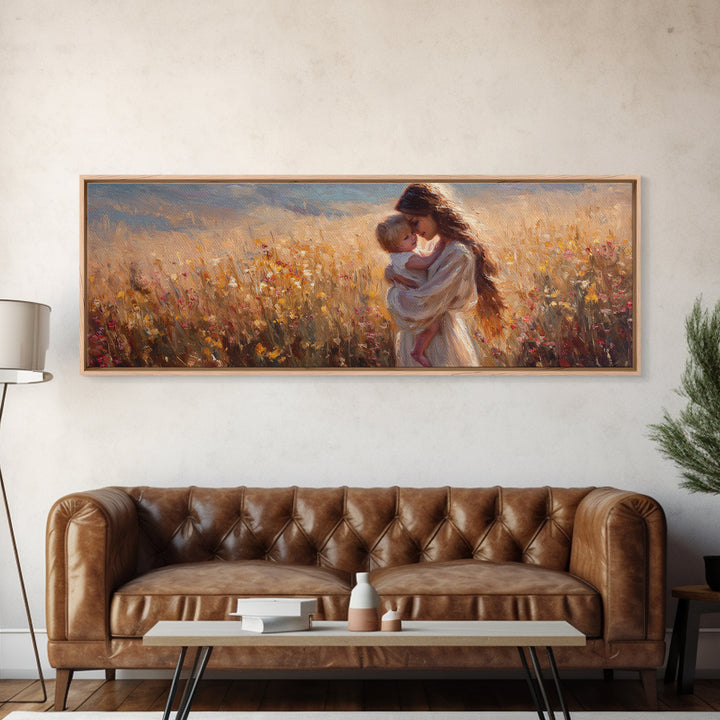 Golden Sunset Mother And Baby In Meadow Canvas Print, Romantic Wall Art, Feminine Bedroom Decor, Housewarming Gift For Her