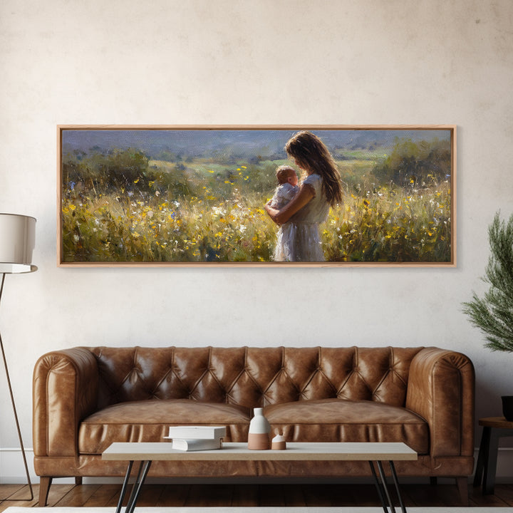 Mother And Baby In Sunlit Wildflower Meadow Wall Art, Impressionist Landscape, Nursery Decor, Gift For Mom, Above Bed Art