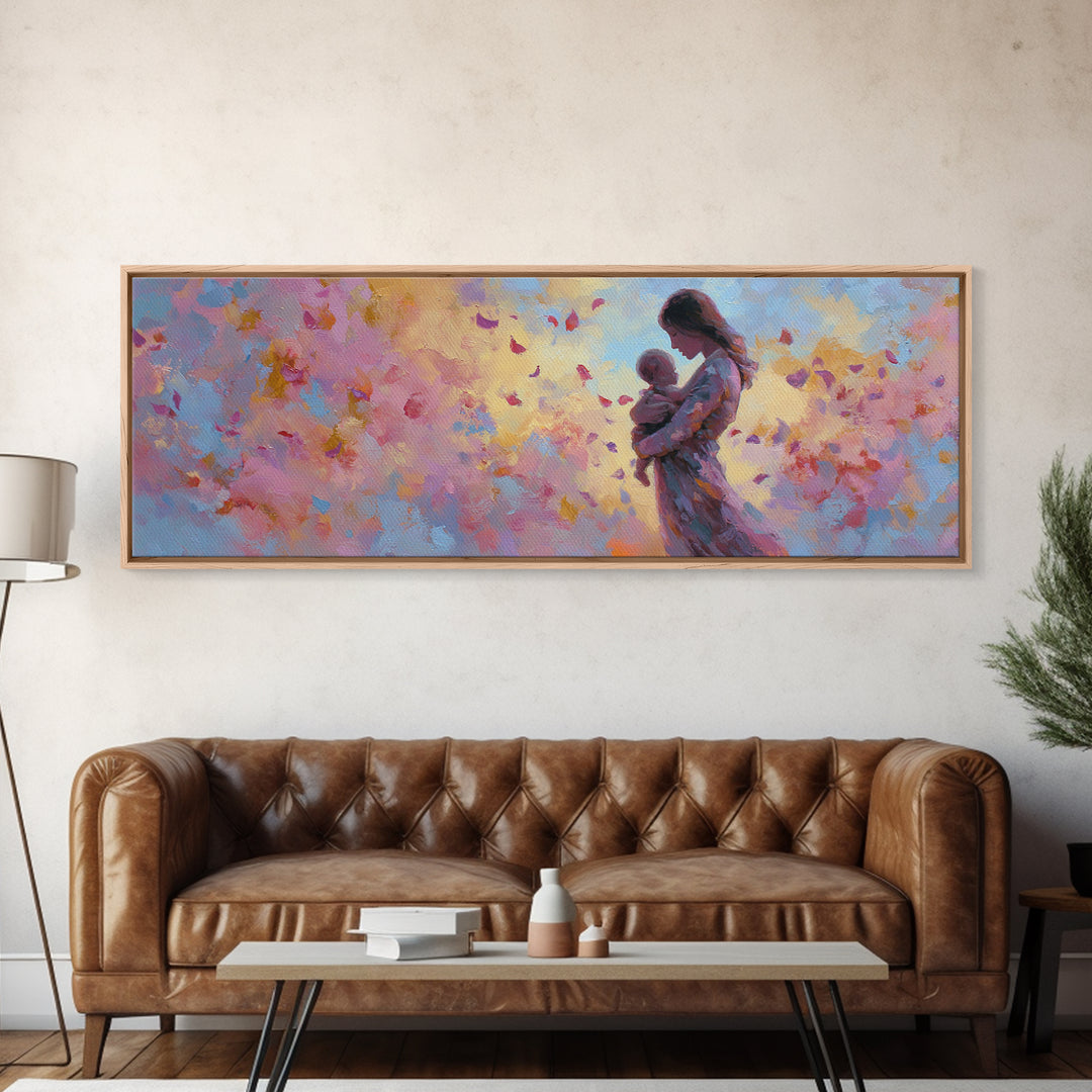 Mother Holding Baby With Pastel Butterflies Canvas Print, Colorful Nursery Wall Art, Feminine Decor, Baby Shower Gift Idea