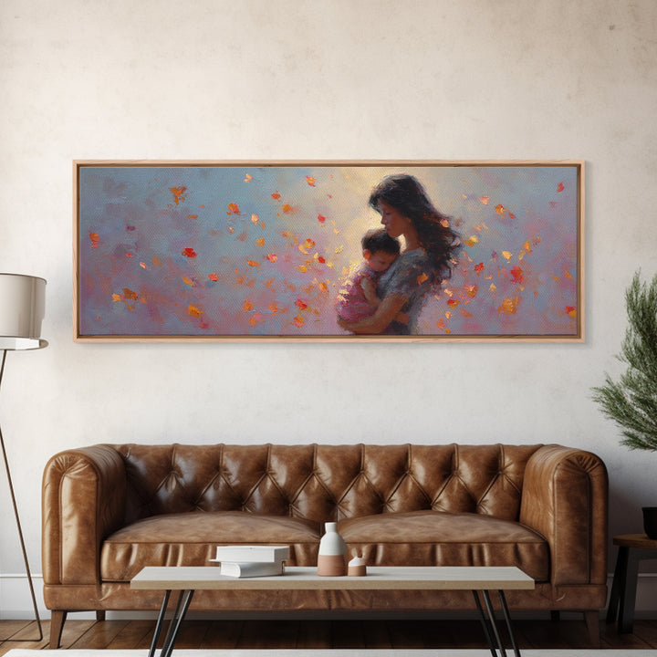 Mother And Child With Autumn Leaves Framed Canvas Print, Warm Nursery Wall Art, Feminine Home Decor, Gift For Mom And New Mom Gift