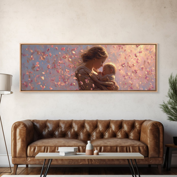 Mother And Baby In Pink Petal Light Canvas Print, Romantic Nursery Wall Art, Feminine Decor, New Mom Gift, Baby Shower Gift