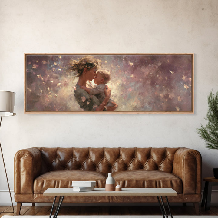 Mother And Baby Embrace In Dreamy Petals Wall Art, Impressionist Canvas Print, Romantic Nursery Decor, Gift For Mom, New Baby Gift