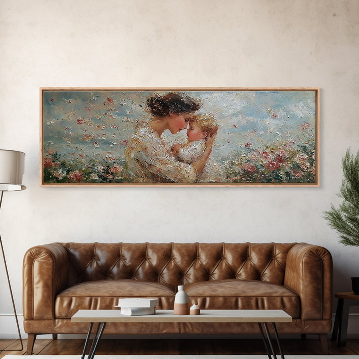 Mother Kissing Baby In Blue Wildflowers Framed Canvas Print, Textured Oil Painting Wall Art, Nursery Decor, New Mom Gift