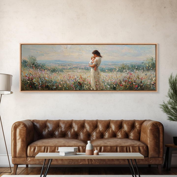 Mother Holding Baby In Hilltop Wildflower Meadow Wall Art, Panoramic Landscape Canvas Print, Nursery Decor, Gift For Mom