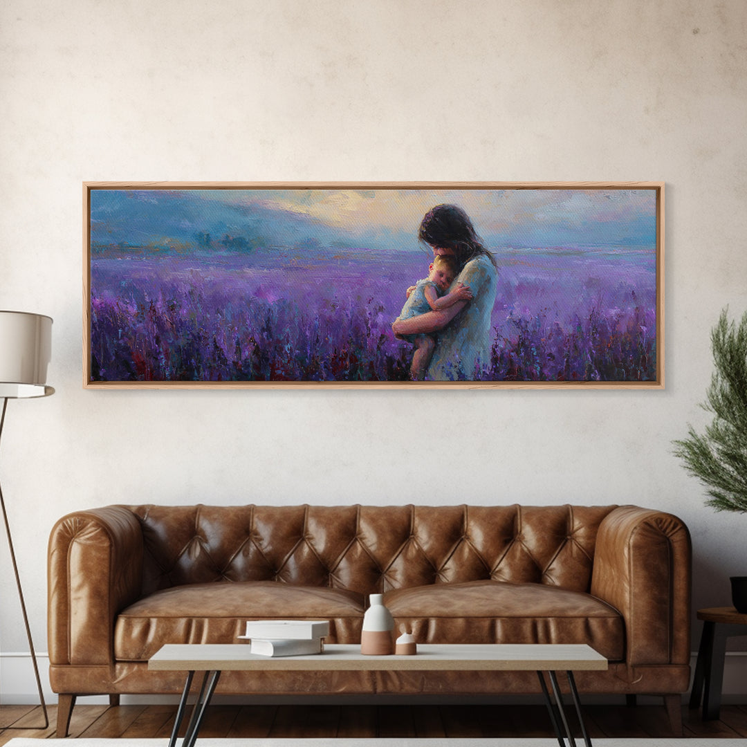 Mother And Baby In Lavender Field Canvas Print, Purple Landscape Wall Art, Calming Nursery Decor, Gift For Mom, New Baby Gift