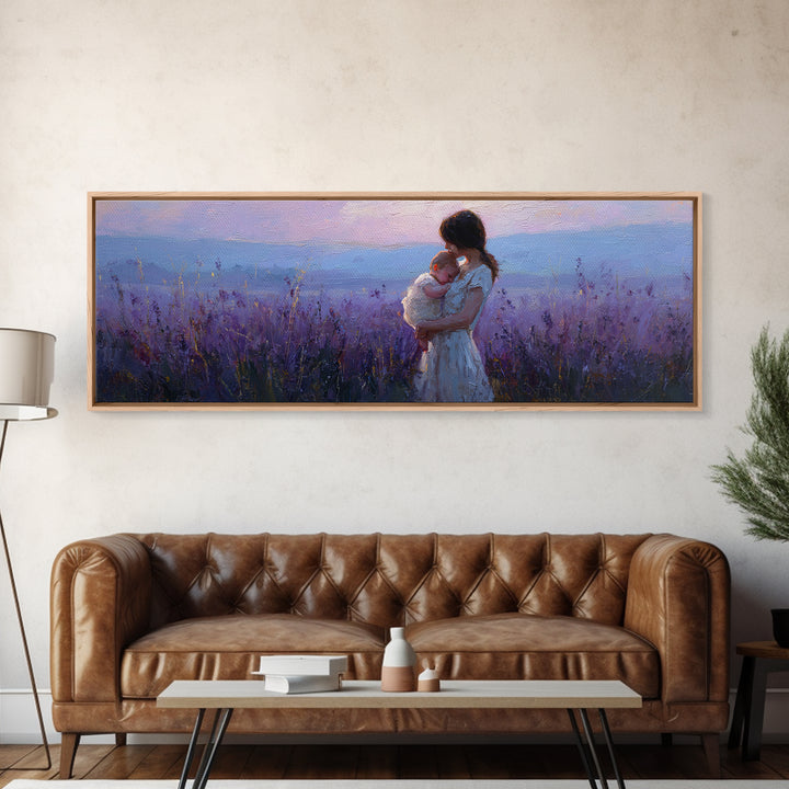Mother Holding Baby At Lavender Sunset Wall Art, Moody Purple Landscape, Framed Canvas Print, Nursery Decor, Gift For Mom