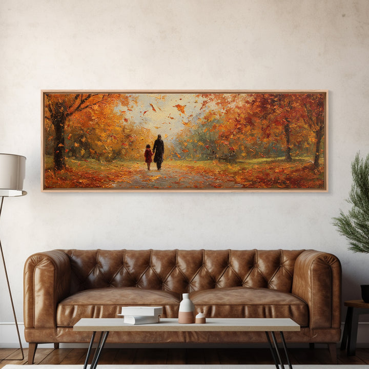 Parent And Child Strolling Golden Autumn Park Wall Art, Large Horizontal Canvas Print, Fall Landscape Decor, Housewarming Gift