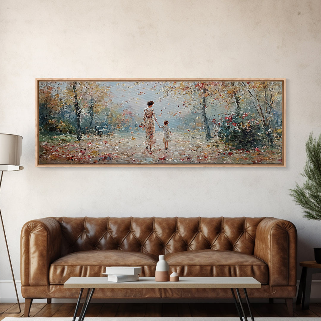 Mother And Child Walking In Soft Autumn Light Wall Art, Impressionist Canvas Print, Tranquil Landscape Decor, Gift For Mom
