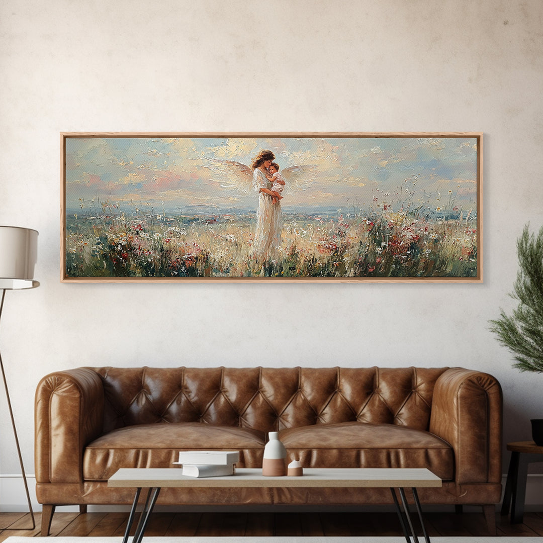 Mother Holding Baby In Blooming Meadow Wall Art, Panoramic Canvas Print, Floral Nursery Decor, Gift For Mom, Above Bed Art