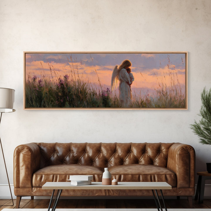Guardian Angel Holding Child At Sunset Wall Art, Spiritual Framed Canvas Print, Christian Nursery Decor, Baby Gift, Home Decor