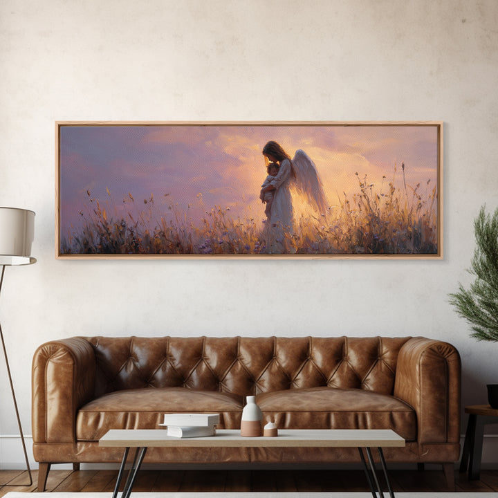 Guardian Angel Cradling Child In Golden Meadow Wall Art, Celestial Canvas Print, Spiritual Nursery Decor, Christian Gift