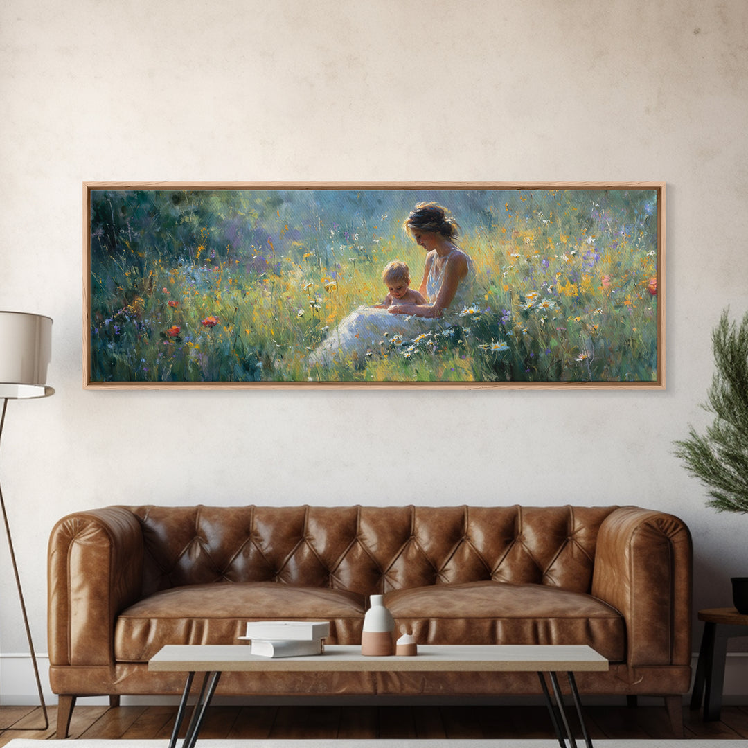 Sunlit Mother And Baby Meadow Wall Art, Impressionist Wildflower Landscape Print, Nursery Decor, Above Bed Canvas Home Decor