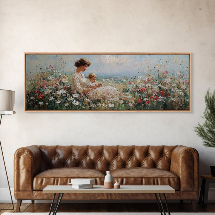 Mother And Child By The Sea Framed Canvas Print, Impressionist Wildflower Meadow, Coastal Nursery Wall Decor, Gift For Her