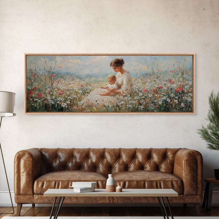 Sunlit Mother And Baby Wildflower Canvas Print, Impressionist Meadow Landscape, Feminine Nursery Wall Art Home Decor, Gift For Her