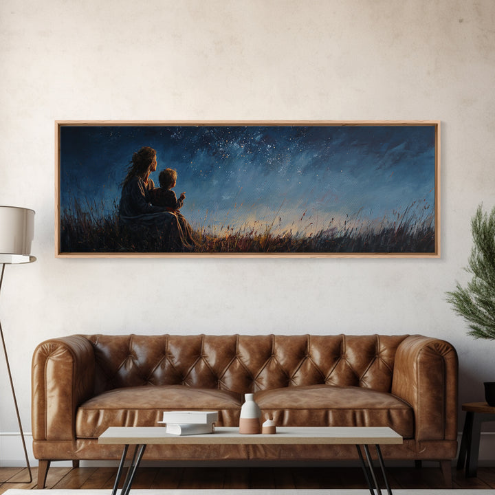 Mother And Child Under Starry Sky Wall Art, Moody Night Meadow Painting, Celestial Nursery Decor, Blue Bedroom Art, Gift For Mom