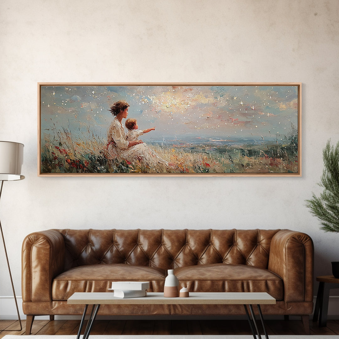 Mother And Child Pointing At Sunlit Sky Framed Canvas Print, Wildflower Meadow Landscape, Nursery Wall Art, Gift For Her