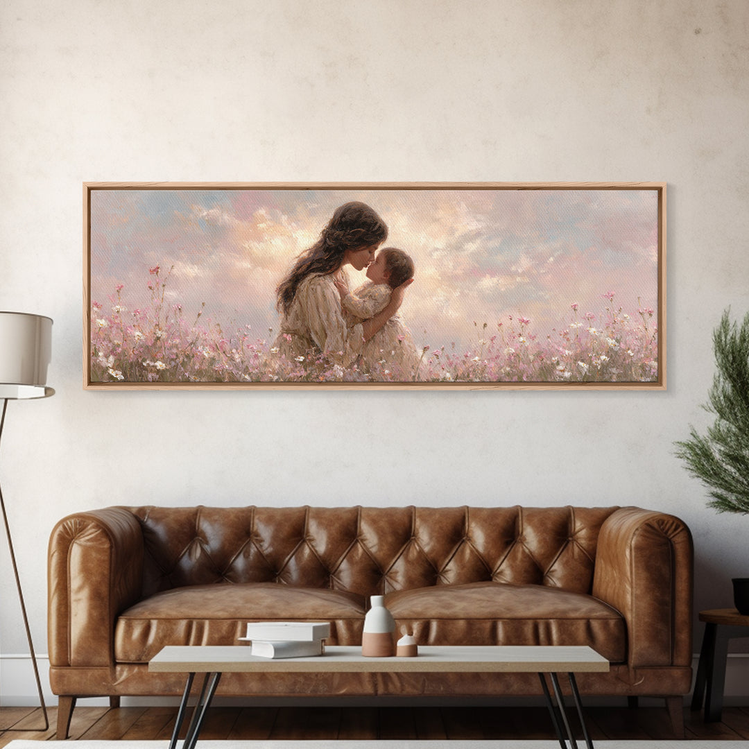 Tender Mother And Baby Kiss Canvas Print, Soft Pink Wildflower Meadow Painting, Nursery Wall Art, Feminine Home Decor, Gift For Mom