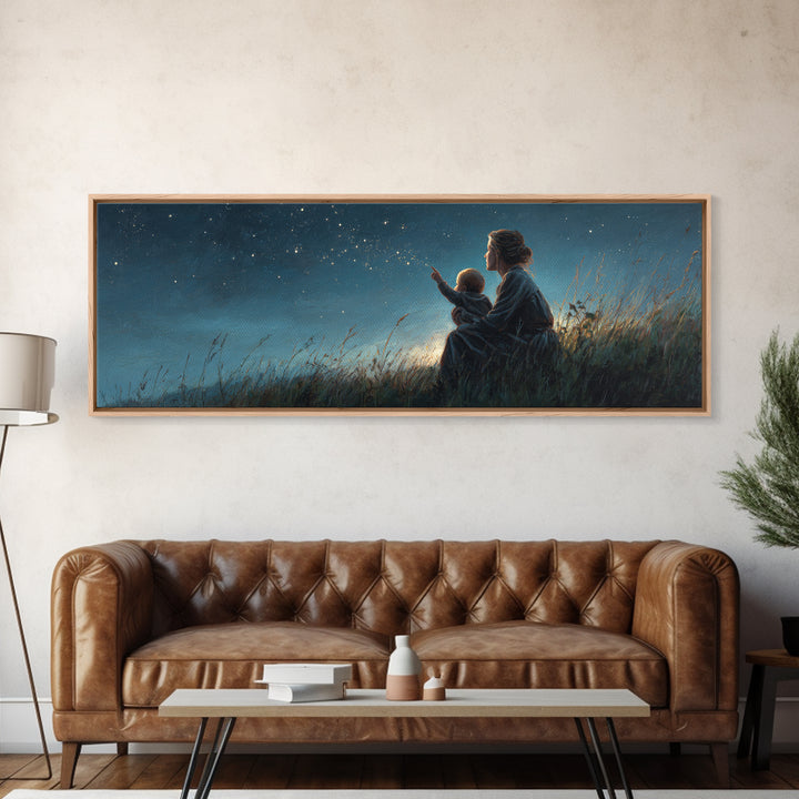 Mother And Child Stargazing Canvas Print, Blue Night Meadow Wall Art, Celestial Nursery Decor, Above Bed Art, Gift For Mom