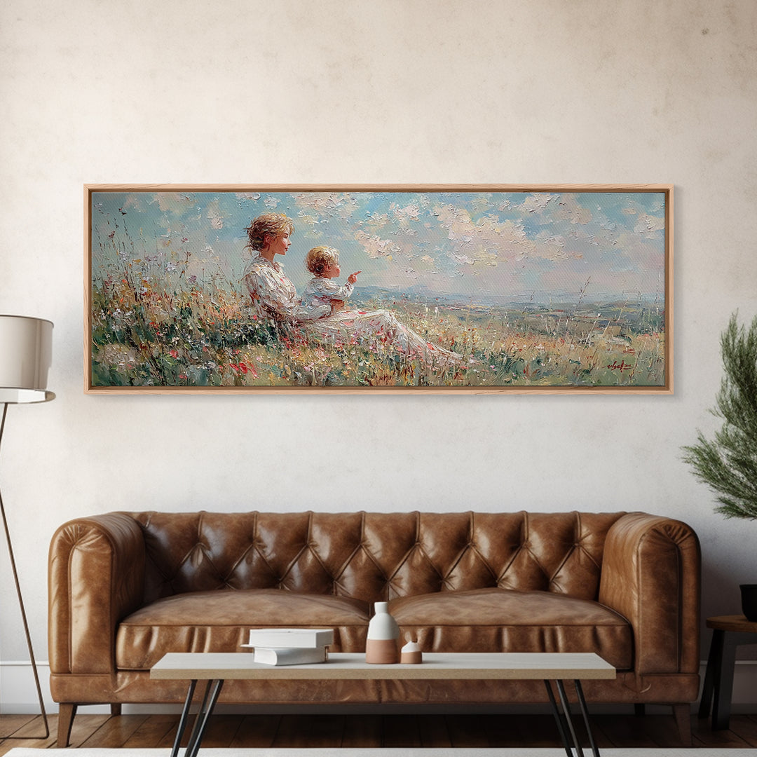 Mother And Child On Sunny Hill Framed Canvas Print, Impressionist Wildflower Landscape, Panoramic Wall Art, Nursery Decor