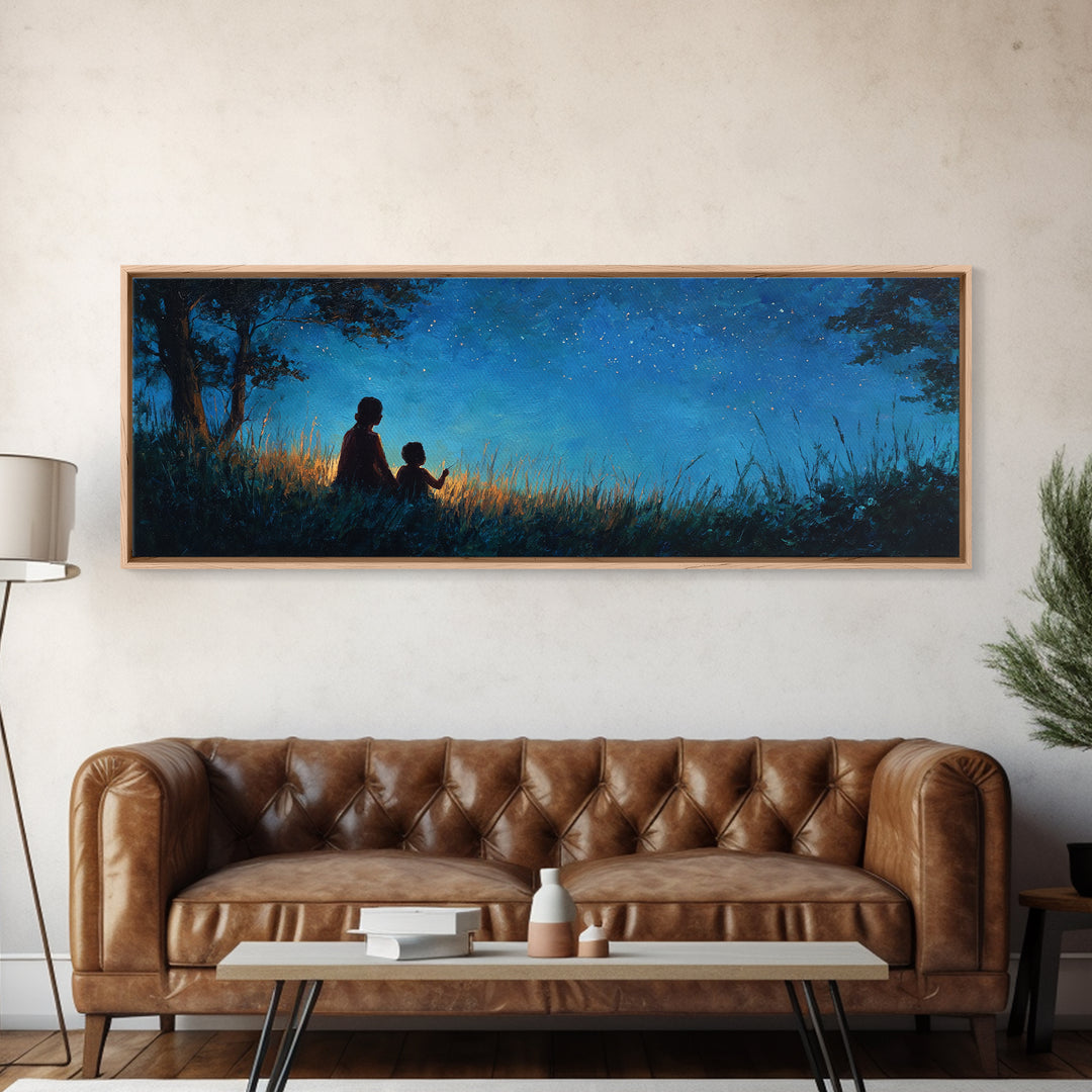 Silhouette Mother And Child Under Stars Wall Art, Moody Blue Night Landscape, Celestial Nursery Decor, Rustic Home Decor