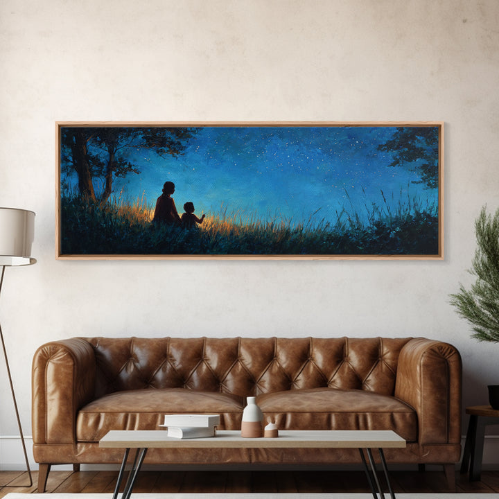 Silhouette Mother And Child Under Stars Wall Art, Moody Blue Night Landscape, Celestial Nursery Decor, Rustic Home Decor