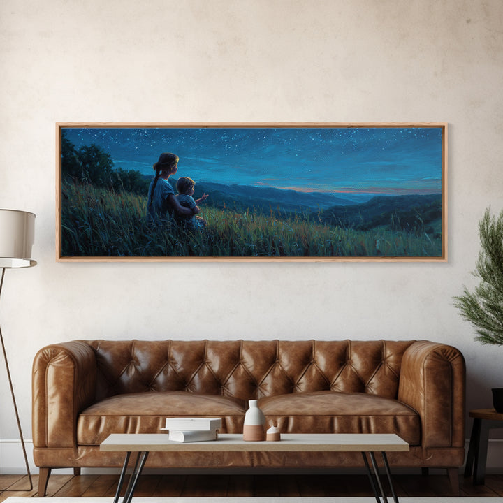 Mother And Child Over Moonlit Valley Canvas Print, Starry Blue Mountain Landscape Wall Art, Above Bed Decor, Gift For Her