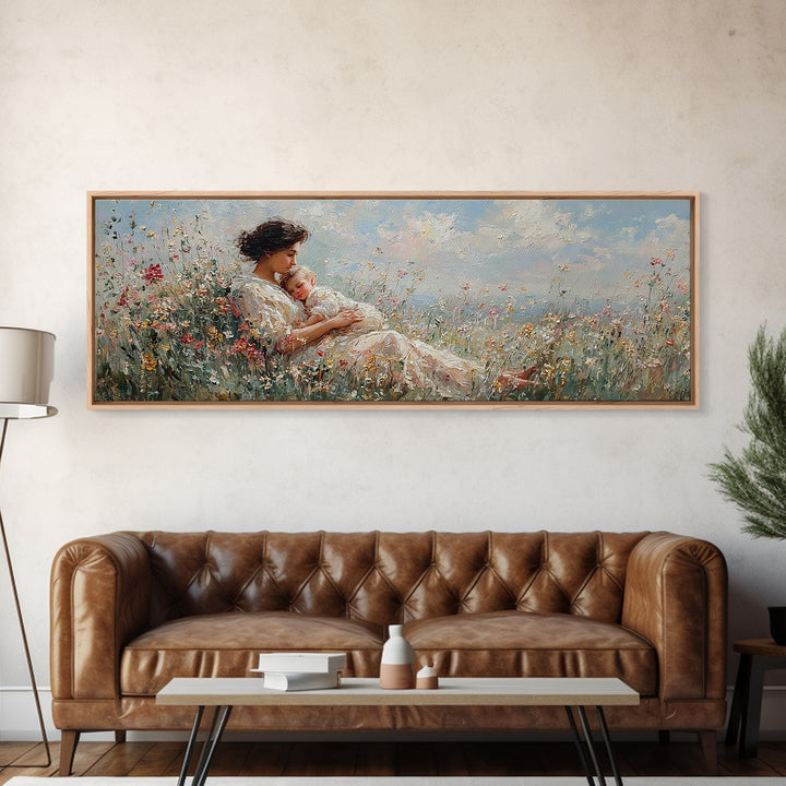 Mother And Baby In Wildflower Meadow Wall Art, Impressionist Nursery Decor, Floral Canvas Art, Gift For Mom, Bedroom Decor