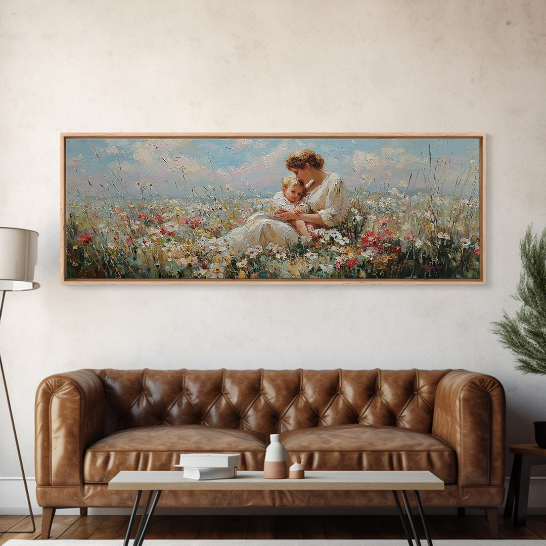 Mother And Child In Sunlit Flower Field Framed Canvas Print, Impressionist Nursery Wall Decor, Floral Art, Gift For Mom