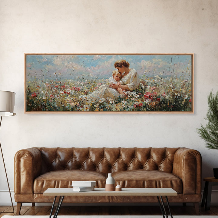 Mother And Child In Sunlit Flower Field Framed Canvas Print, Impressionist Nursery Wall Decor, Floral Art, Gift For Mom