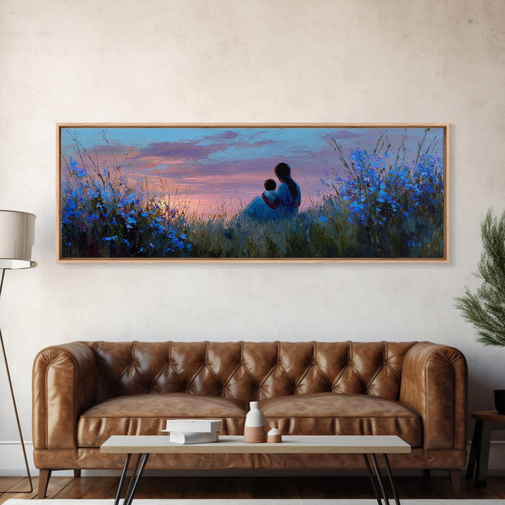 Mother And Child Silhouette At Sunset Canvas Print, Blue Meadow Wall Decor, Calming Nursery Art, Romantic Bedroom Wall Art