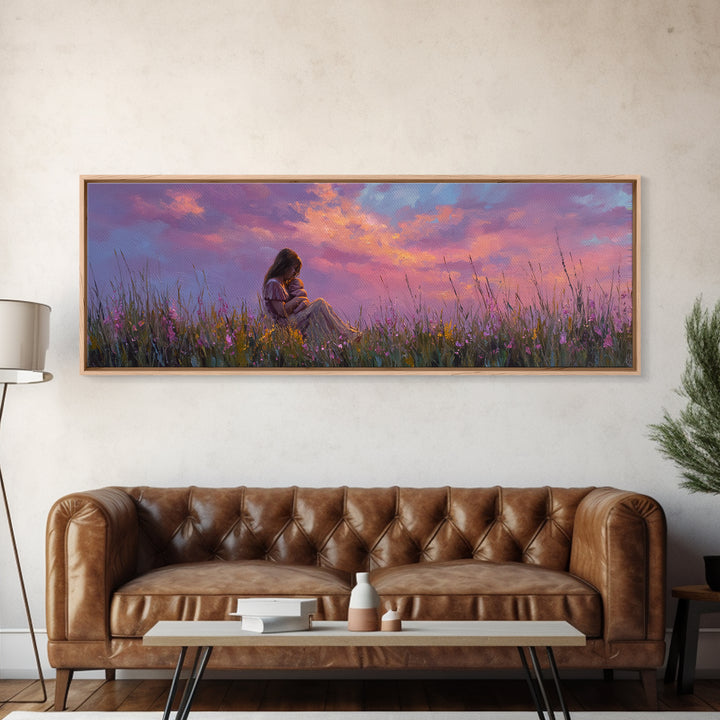Expectant Mother In Twilight Wildflower Meadow Wall Art, Pink Sunset Canvas Print, Feminine Nursery Decor, Gift For New Mom