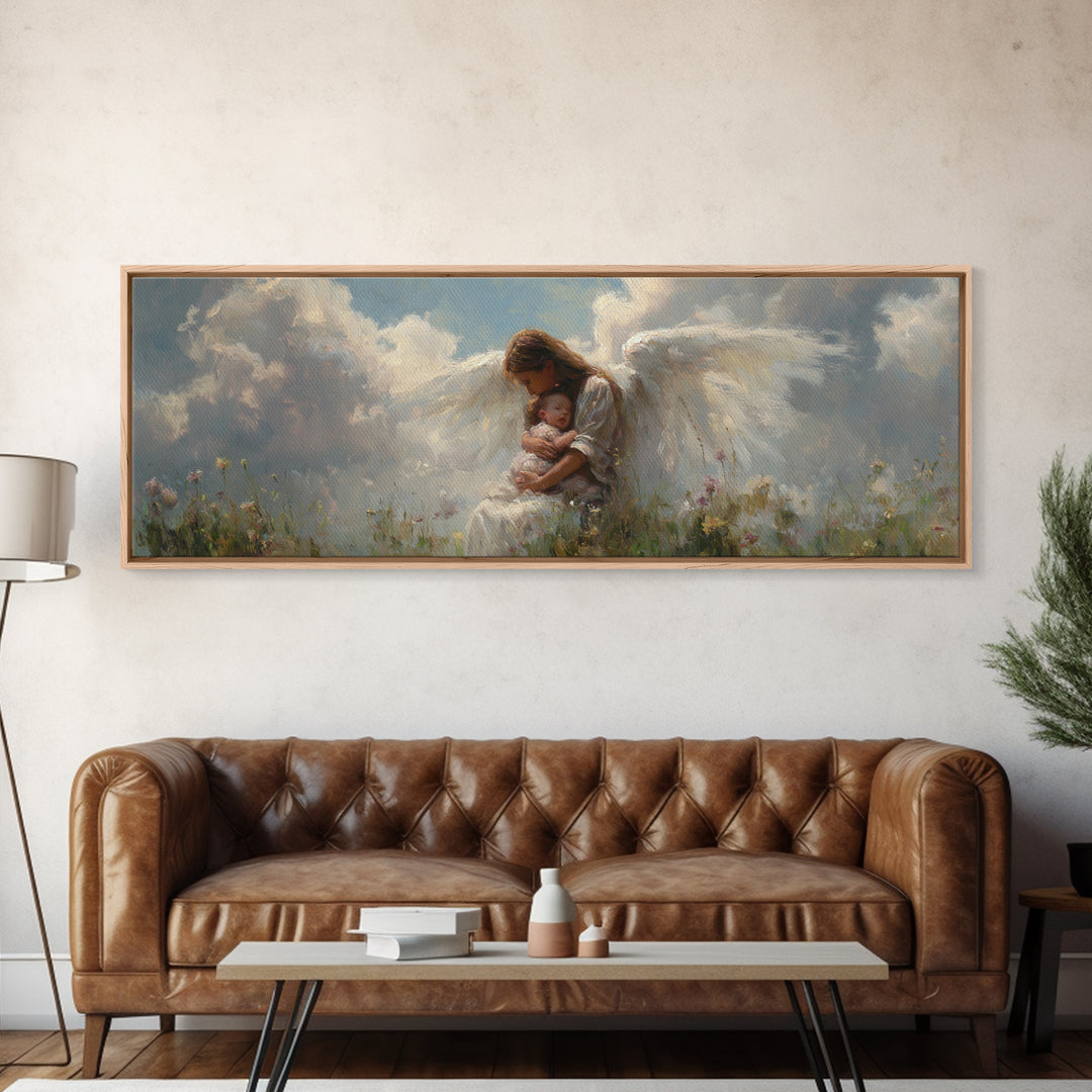 Angel Mother Cradling Baby In Cloudy Meadow Framed Canvas Print, Spiritual Nursery Wall Decor, Ethereal Art, Gift For Mom