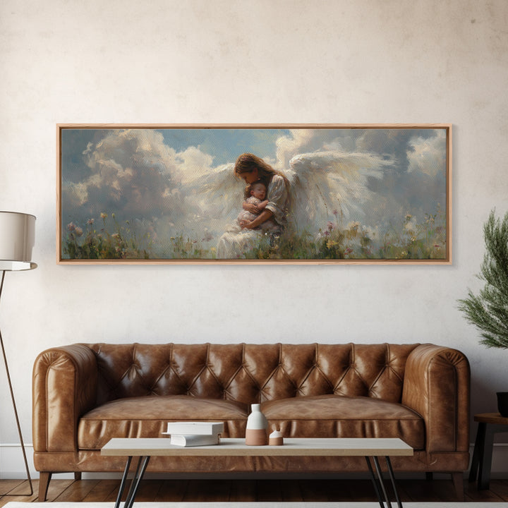 Angel Mother Cradling Baby In Cloudy Meadow Framed Canvas Print, Spiritual Nursery Wall Decor, Ethereal Art, Gift For Mom