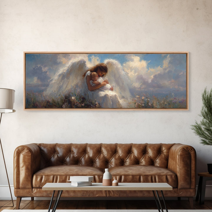Guardian Angel Mother Kissing Baby In Wildflower Meadow Canvas Print, Spiritual Wall Art, Nursery Decor, Angel Gift For Mom