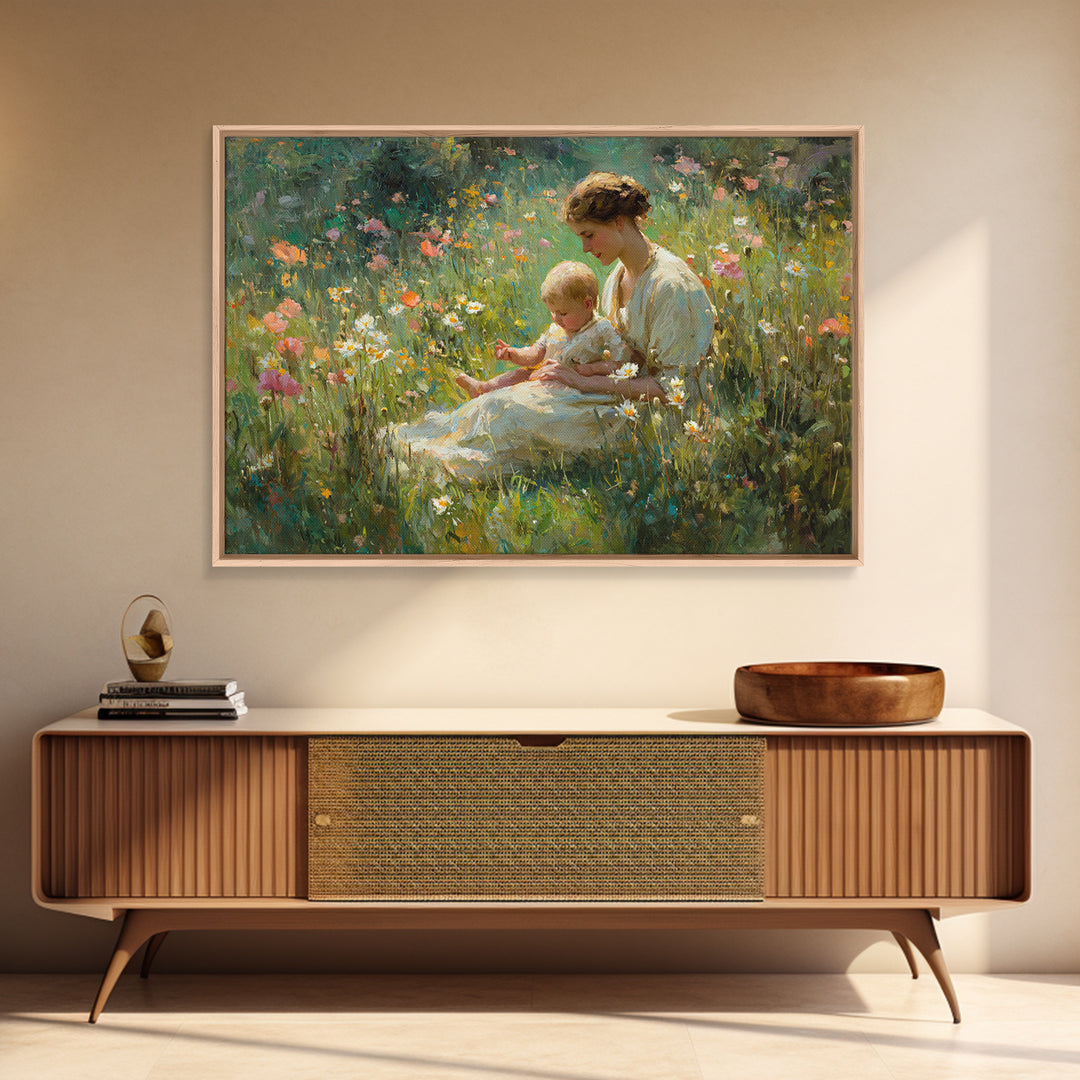 Mother And Baby In Sunlit Wildflower Meadow Canvas Print, Impressionist Floral Wall Art, Nursery Decor And Gift For New Mom