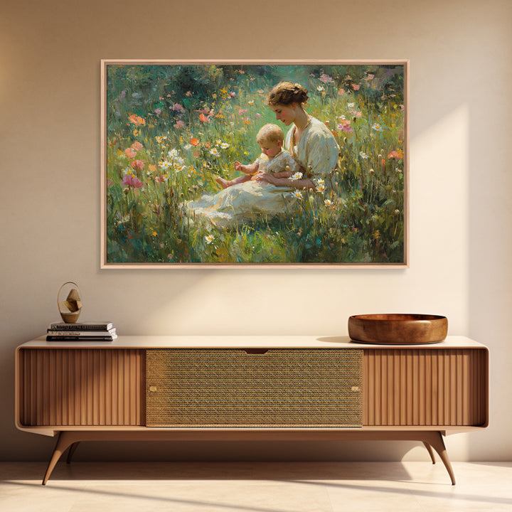 Mother And Baby In Sunlit Wildflower Meadow Canvas Print, Impressionist Floral Wall Art, Nursery Decor And Gift For New Mom