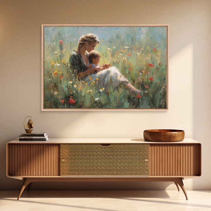Mother Nursing Baby In Poppy Meadow Wall Art, Soft Impressionist Oil Painting Print, Feminine Nursery Decor Gift For Her