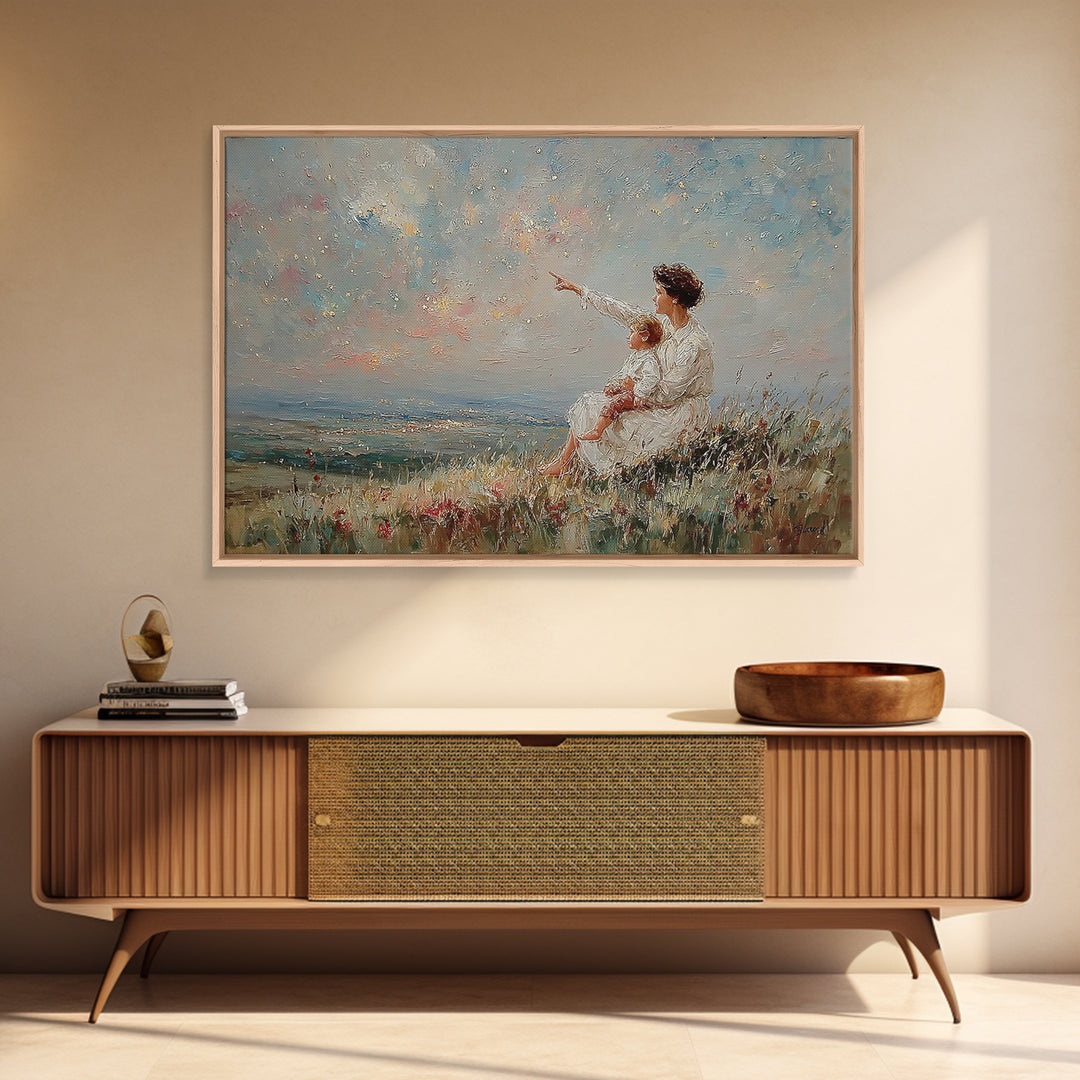 Mother And Child By Sparkling Sea Canvas Print, Coastal Impressionist Wall Art, Ocean Landscape Living Room Decor Gift For Her