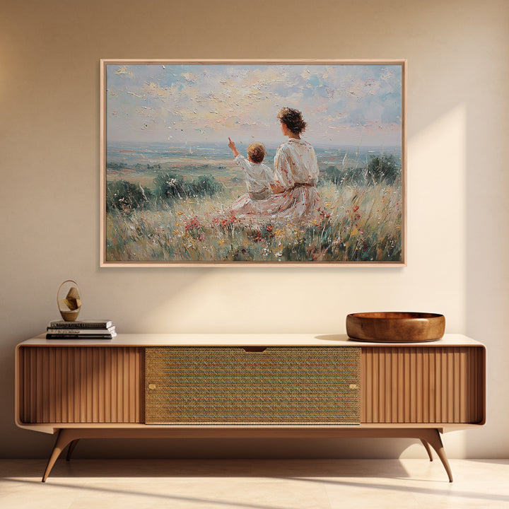 Mother And Child Watching Horizon Canvas Print, Impressionist Meadow Wall Art, Calming Landscape Decor Above Sofa Gift For Her
