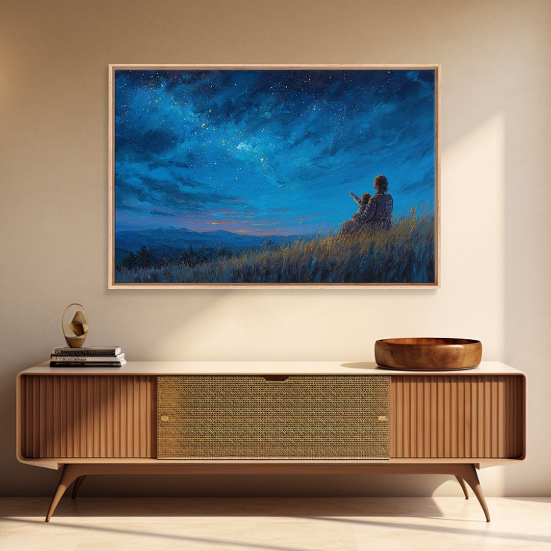 Mother And Child Under Starry Sky Wall Art, Celestial Night Landscape Canvas Print, Blue Bedroom Wall Decor Gift For Her