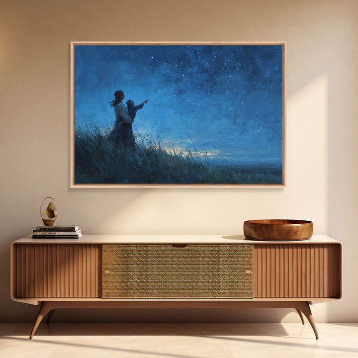 Mother And Child Pointing At Stars Canvas Print, Moody Celestial Wall Art, Blue Night Sky Bedroom Nursery Decor Gift For Her