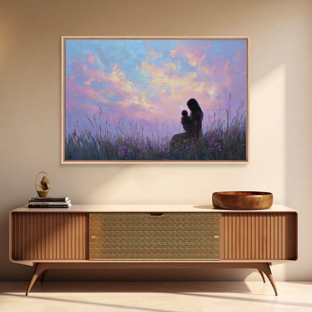 Silhouette Mother And Baby Sunset Canvas Print, Romantic Bedroom Wall Art, Pastel Sky Decor, Gift For Mom, Spiritual Home Decor
