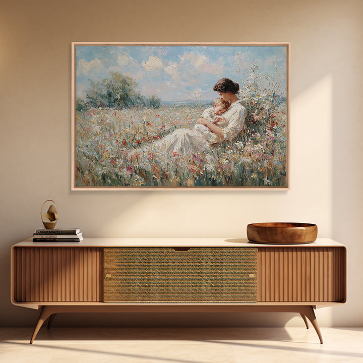 Mother Cradling Baby In Summer Meadow Canvas Print, Floral Wall Art, Impressionist Painting, Nursery Decor, Gift For Mom