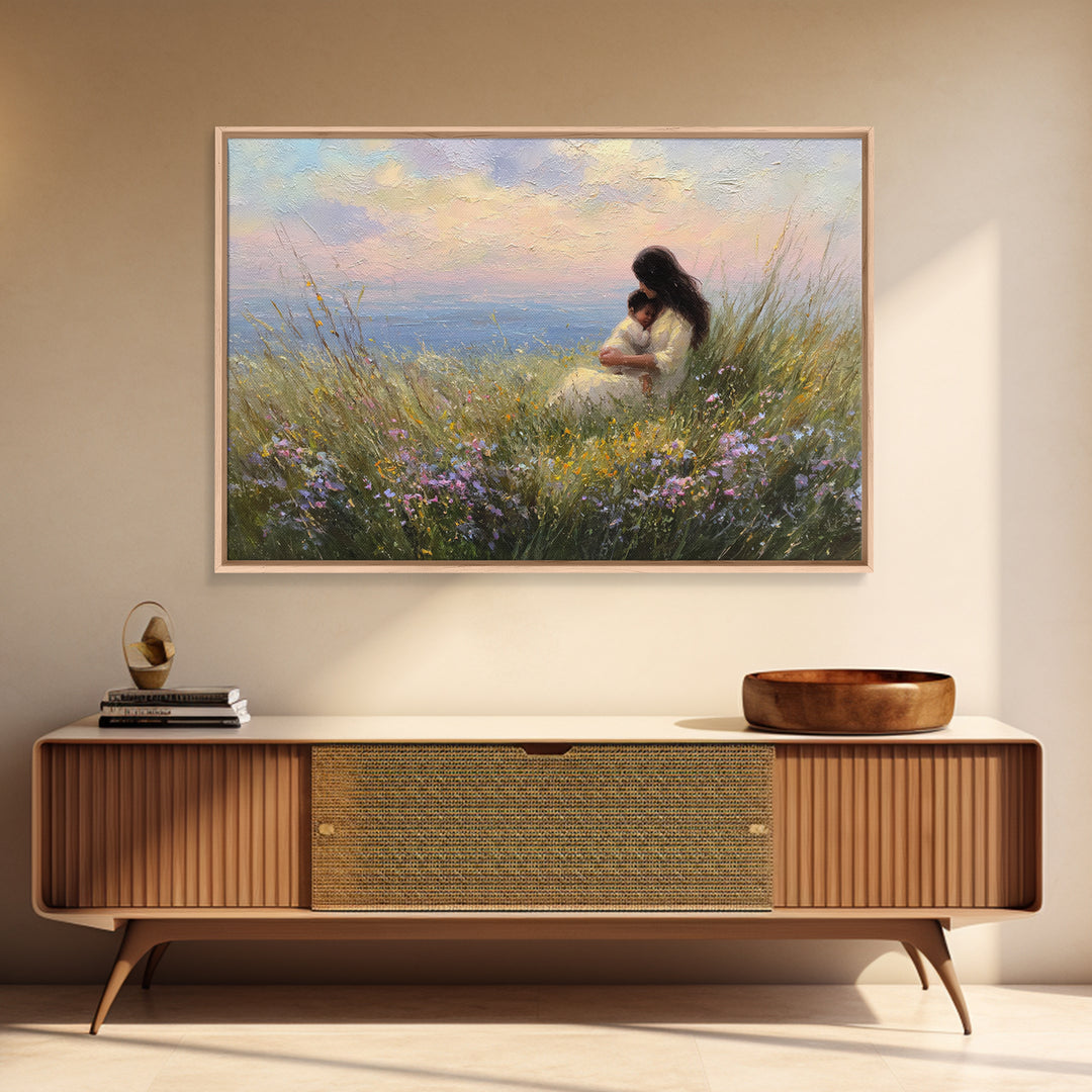 Mother And Baby By Ocean Sunset Canvas Print, Coastal Wall Art, Seascape Decor, Nursery Wall Art, Gift For Mom, Beach House