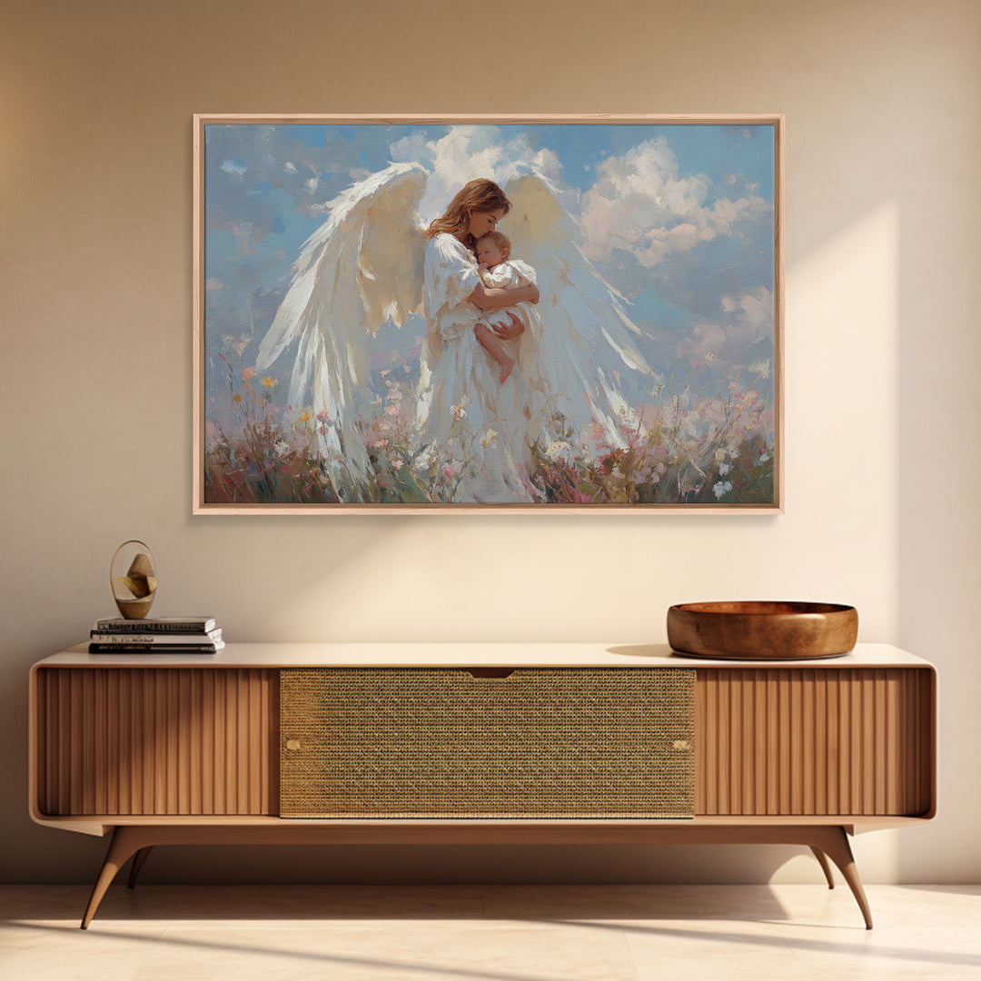 Guardian Angel Holding Baby Framed Canvas Print, Christian Wall Art, Nursery Decor, Spiritual Gift, Baby Shower Gift For Mom