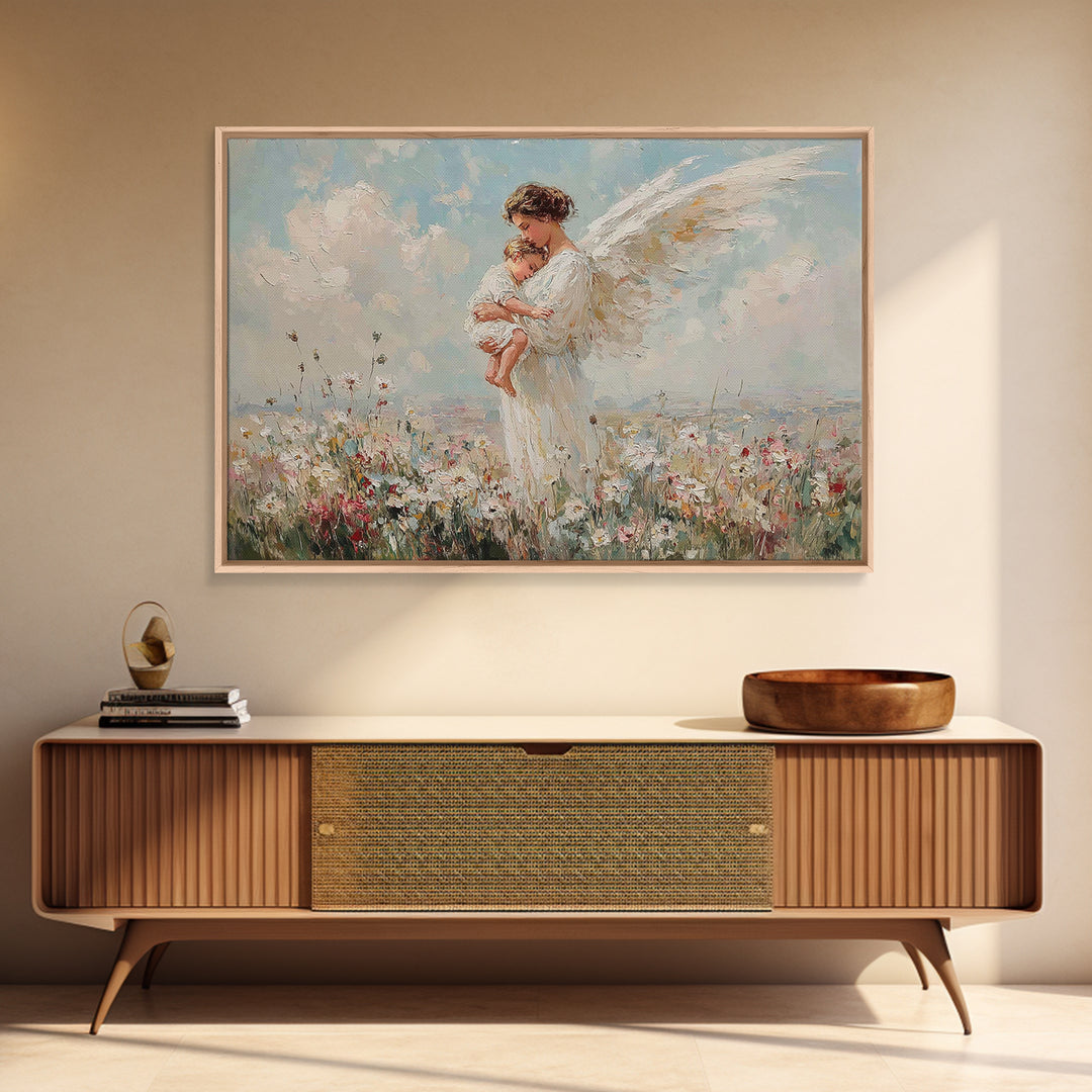 Guardian Angel Mother And Baby In Wildflower Meadow Wall Art, Christian Nursery Decor, Spiritual Gift, Serene Bedroom Print