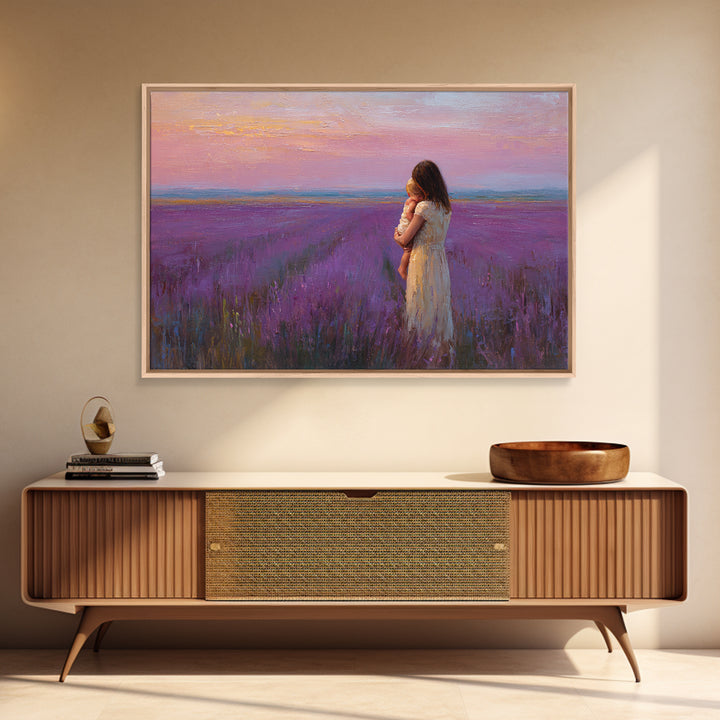 Mother And Baby In Lavender Field Sunset Wall Art, Purple Landscape Print, Romantic Nursery Decor, Gift For Her, Calming Bedroom Decor
